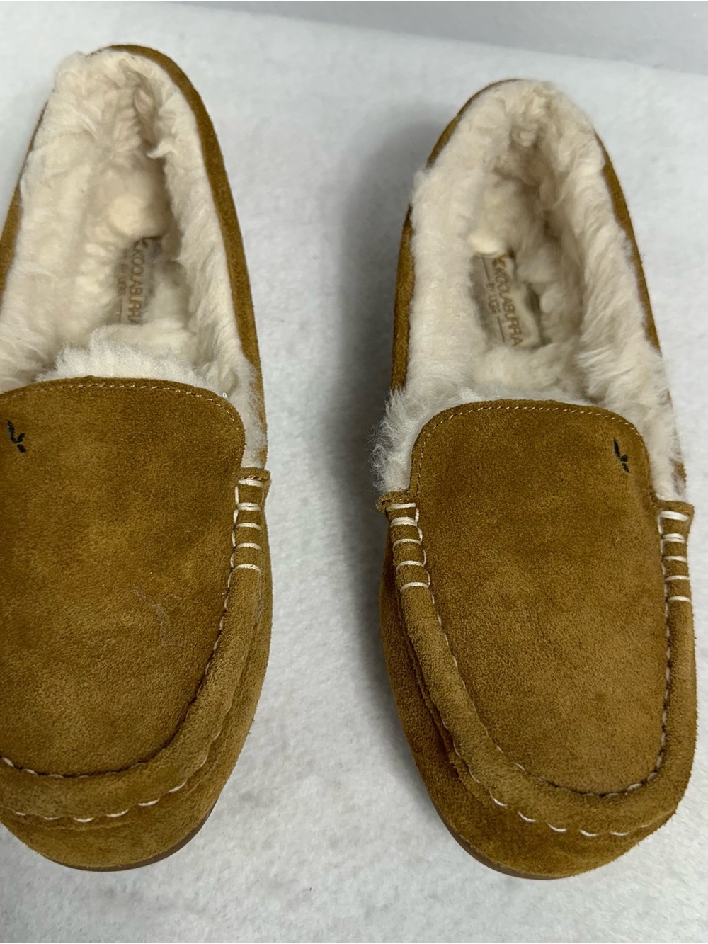 Suede Fleece Lined Moccasin Slippers in Chestnut
